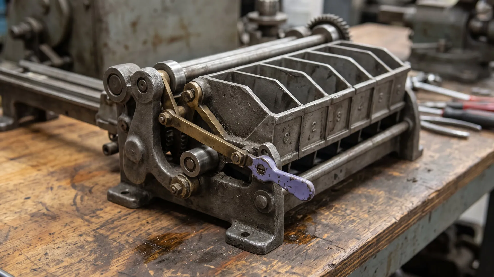 A worn cast-iron machine on a workshop bench with a row of deep numbered compartments and a brass linkage ending in a lilac lever, each compartment stamped with a mark, some legible as numbers.