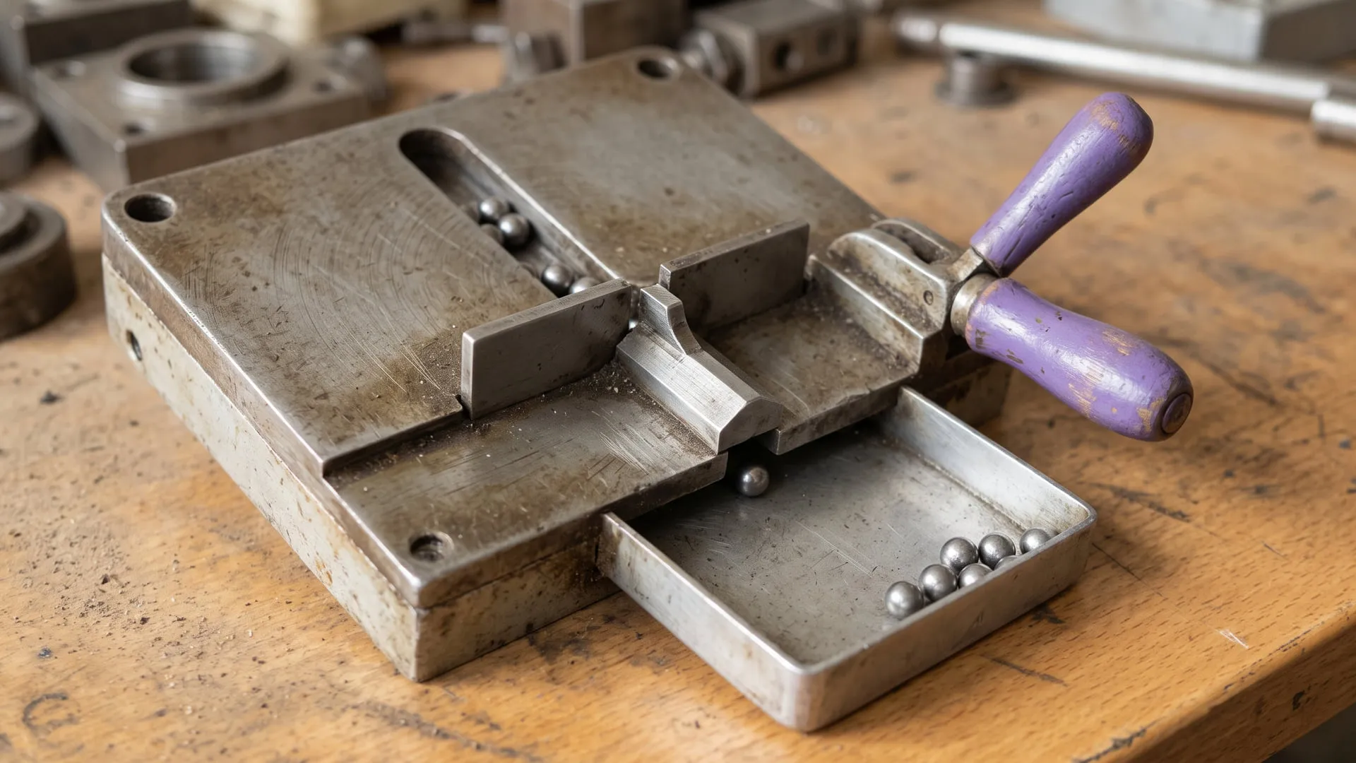 A worn steel sorting gate on a workshop bench, with a violet-handled lever; a few steel balls wait in a slot on one side while others have dropped through into a shallow tray on the other.