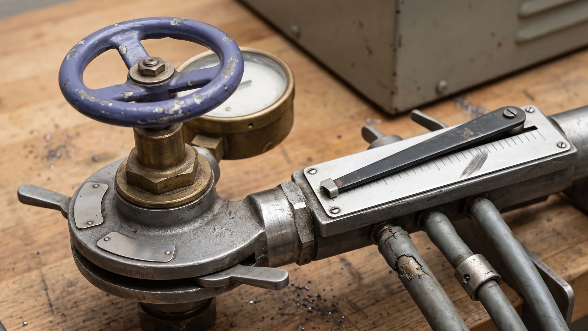 A worn pewter-grey valve body on a scarred wooden bench, topped by a single chipped violet handwheel on a brass stem, with a brass-cased pressure gauge behind it and a slotted metal plate with a black pointer lever and unnumbered tick marks beside it. Grey hoses run off the body, and metal filings lie on the wood.