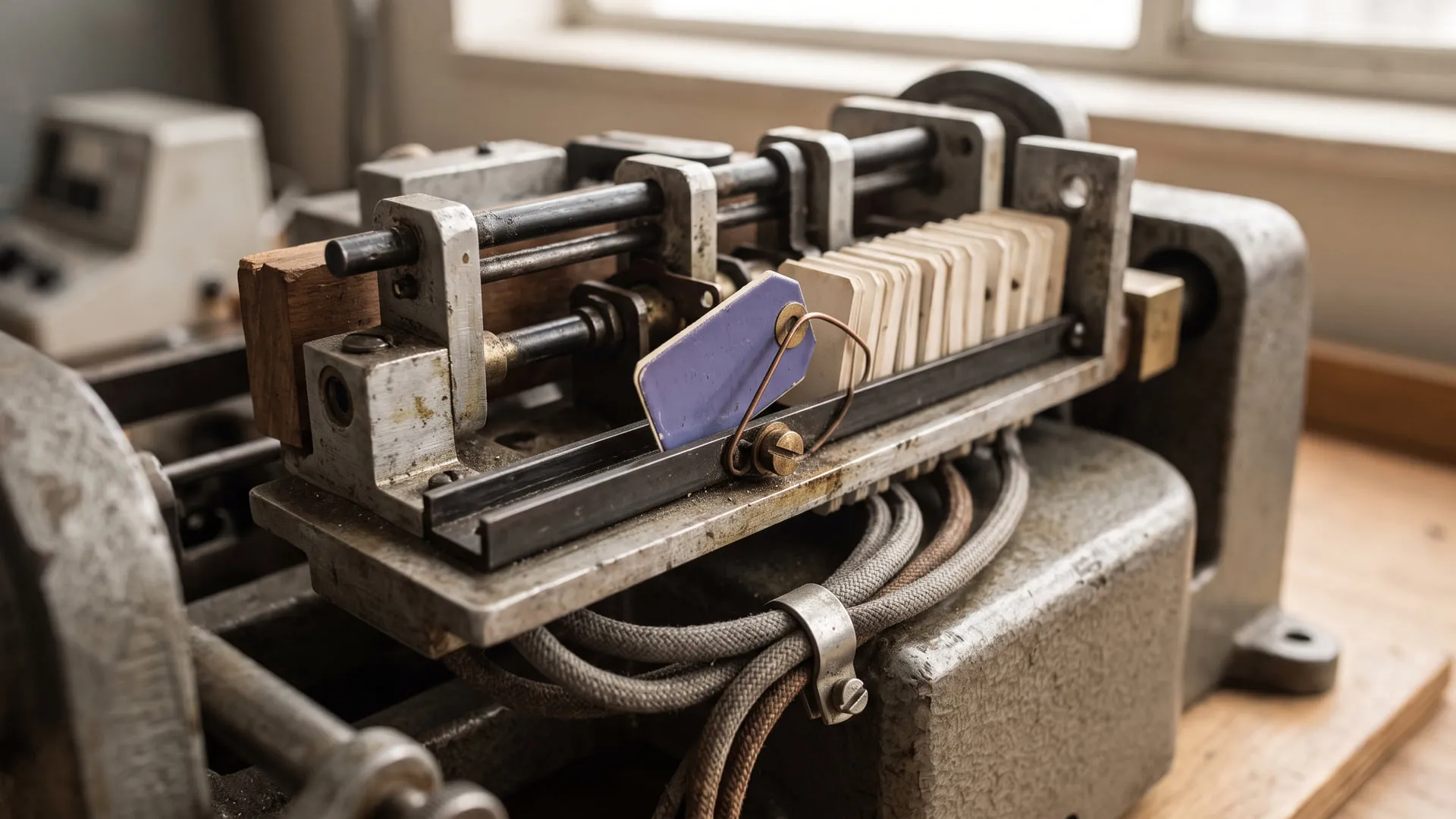 A worn cast-iron machine with a rack of blank cream-coloured tags held in a steel rail between two rods, one tag tilted out of the row and coloured violet, hung on a copper wire loop. Braided cloth cables curl beneath it, and a window lets in soft light.